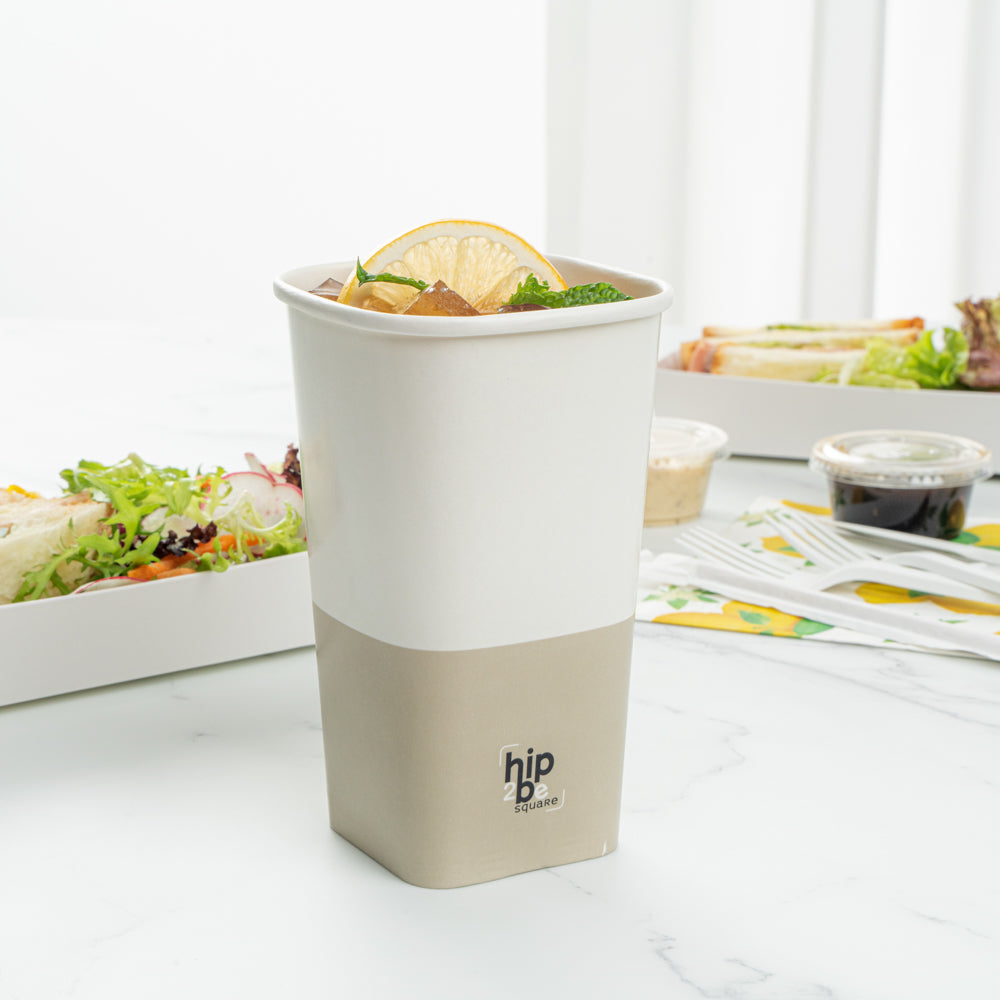 Hip 2 Be Square 16 oz White and Taupe Paper Hot / Cold Drinking Cup - Single Wall - 3 1/4" x 3 1/4" x 5 1/2" - 500 count box