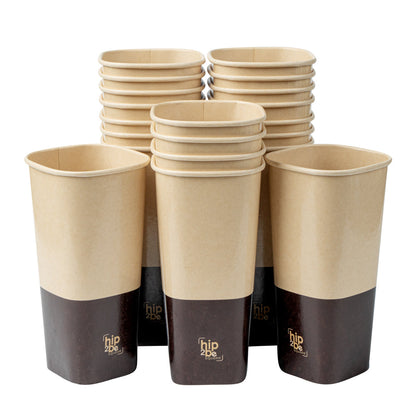 Hip 2 Be Square 22 oz Kraft and Brown Paper Hot / Cold Drinking Cup - Single Wall - 3 1/4" x 3 1/4" x 6 3/4" - 25 count box