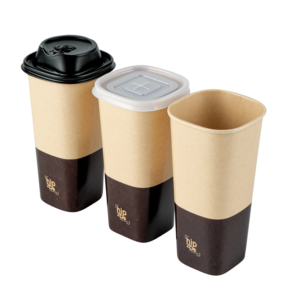 Hip 2 Be Square 22 oz Kraft and Brown Paper Hot / Cold Drinking Cup - Single Wall - 3 1/4" x 3 1/4" x 6 3/4" - 25 count box