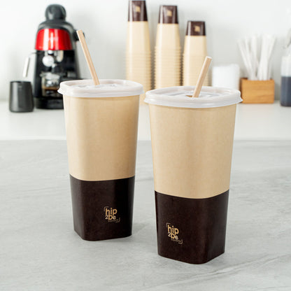 Hip 2 Be Square 22 oz Kraft and Brown Paper Hot / Cold Drinking Cup - Single Wall - 3 1/4" x 3 1/4" x 6 3/4" - 25 count box