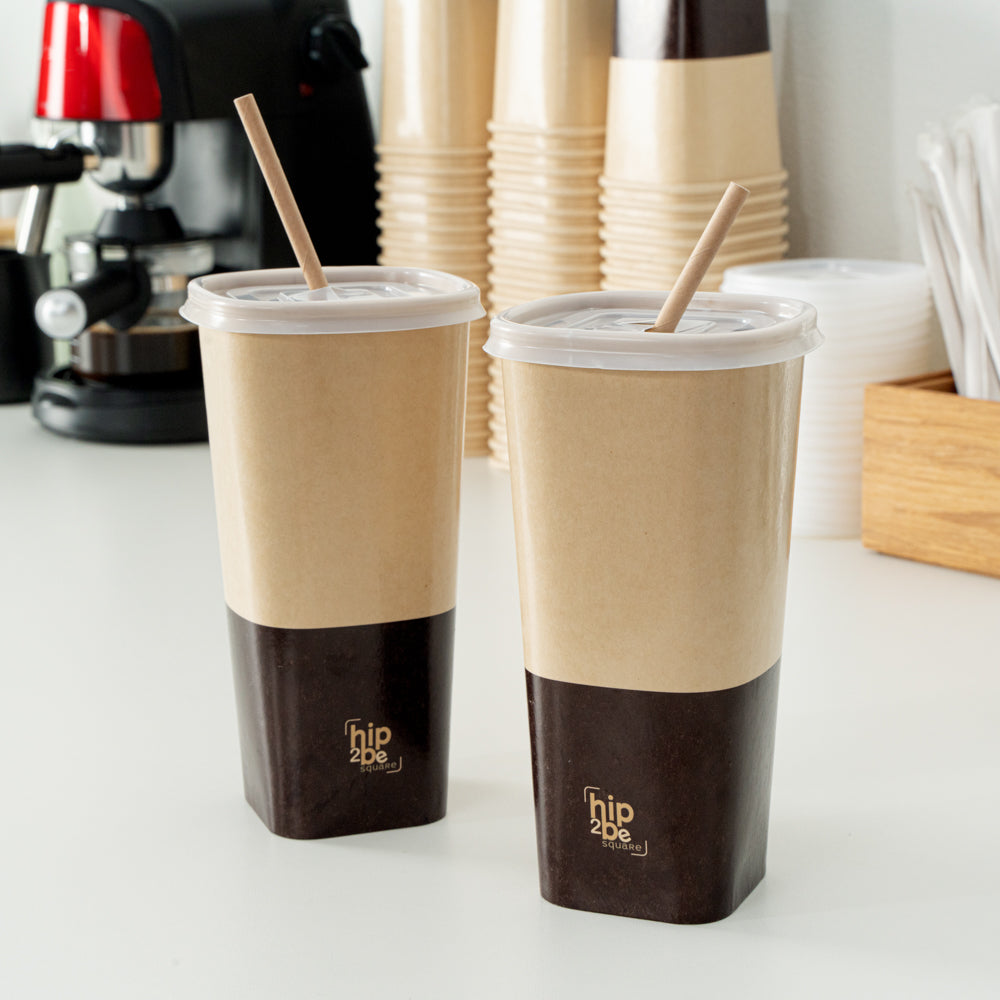 Hip 2 Be Square 22 oz Kraft and Brown Paper Hot / Cold Drinking Cup - Single Wall - 3 1/4" x 3 1/4" x 6 3/4" - 500 count box
