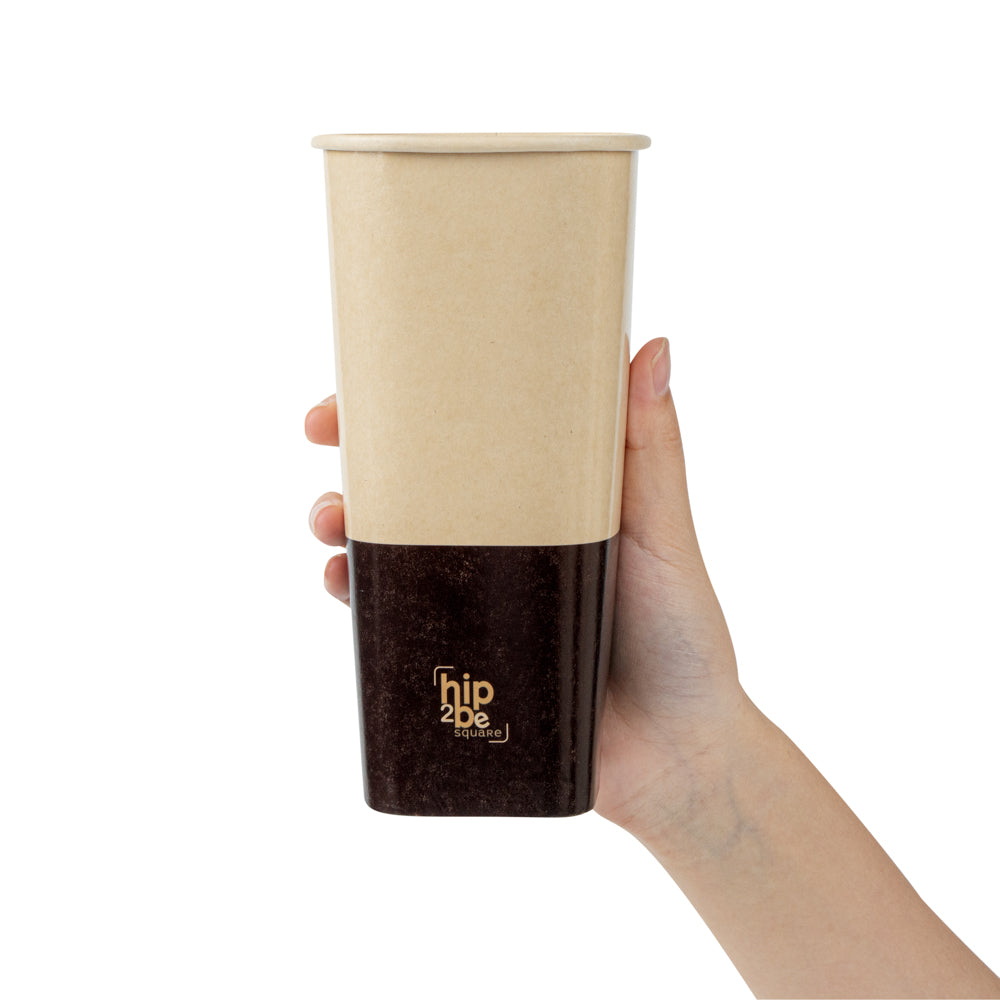 Hip 2 Be Square 22 oz Kraft and Brown Paper Hot / Cold Drinking Cup - Single Wall - 3 1/4" x 3 1/4" x 6 3/4" - 500 count box