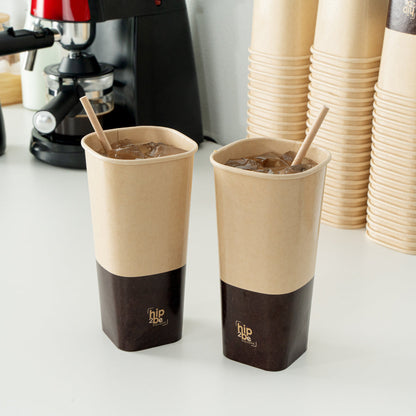 Hip 2 Be Square 22 oz Kraft and Brown Paper Hot / Cold Drinking Cup - Single Wall - 3 1/4" x 3 1/4" x 6 3/4" - 500 count box
