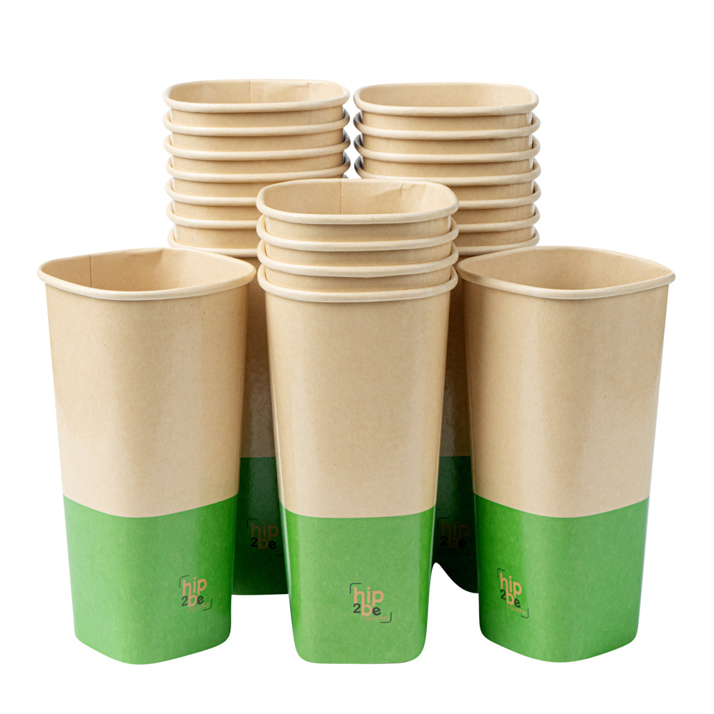 Hip 2 Be Square 22 oz Kraft and Green Paper Hot / Cold Drinking Cup - Single Wall - 3 1/4" x 3 1/4" x 6 3/4" - 25 count box