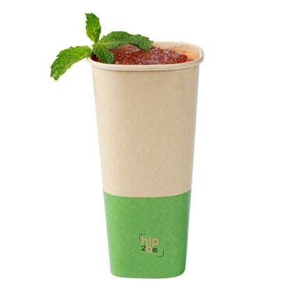 Hip 2 Be Square 22 oz Kraft and Green Paper Hot / Cold Drinking Cup - Single Wall - 3 1/4" x 3 1/4" x 6 3/4" - 25 count box