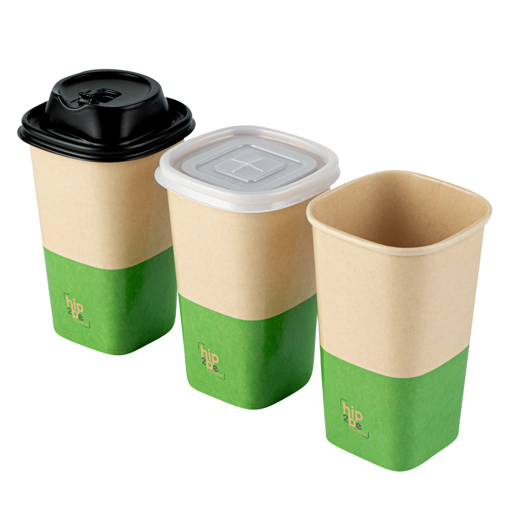 Hip 2 Be Square 22 oz Kraft and Green Paper Hot / Cold Drinking Cup - Single Wall - 3 1/4" x 3 1/4" x 6 3/4" - 25 count box