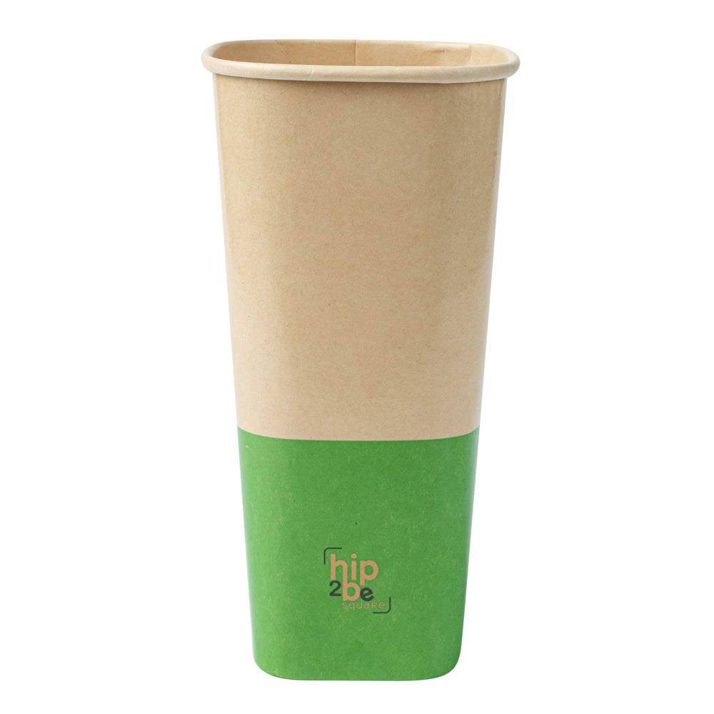 Hip 2 Be Square 22 oz Kraft and Green Paper Hot / Cold Drinking Cup - Single Wall - 3 1/4" x 3 1/4" x 6 3/4" - 25 count box