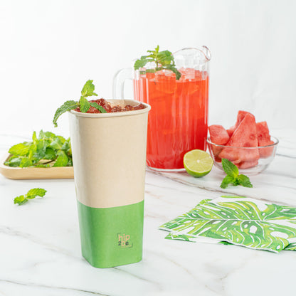 Hip 2 Be Square 22 oz Kraft and Green Paper Hot / Cold Drinking Cup - Single Wall - 3 1/4" x 3 1/4" x 6 3/4" - 25 count box