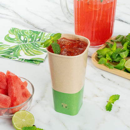 Hip 2 Be Square 22 oz Kraft and Green Paper Hot / Cold Drinking Cup - Single Wall - 3 1/4" x 3 1/4" x 6 3/4" - 25 count box