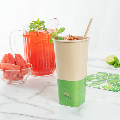 Hip 2 Be Square 22 oz Kraft and Green Paper Hot / Cold Drinking Cup - Single Wall - 3 1/4" x 3 1/4" x 6 3/4" - 500 count box