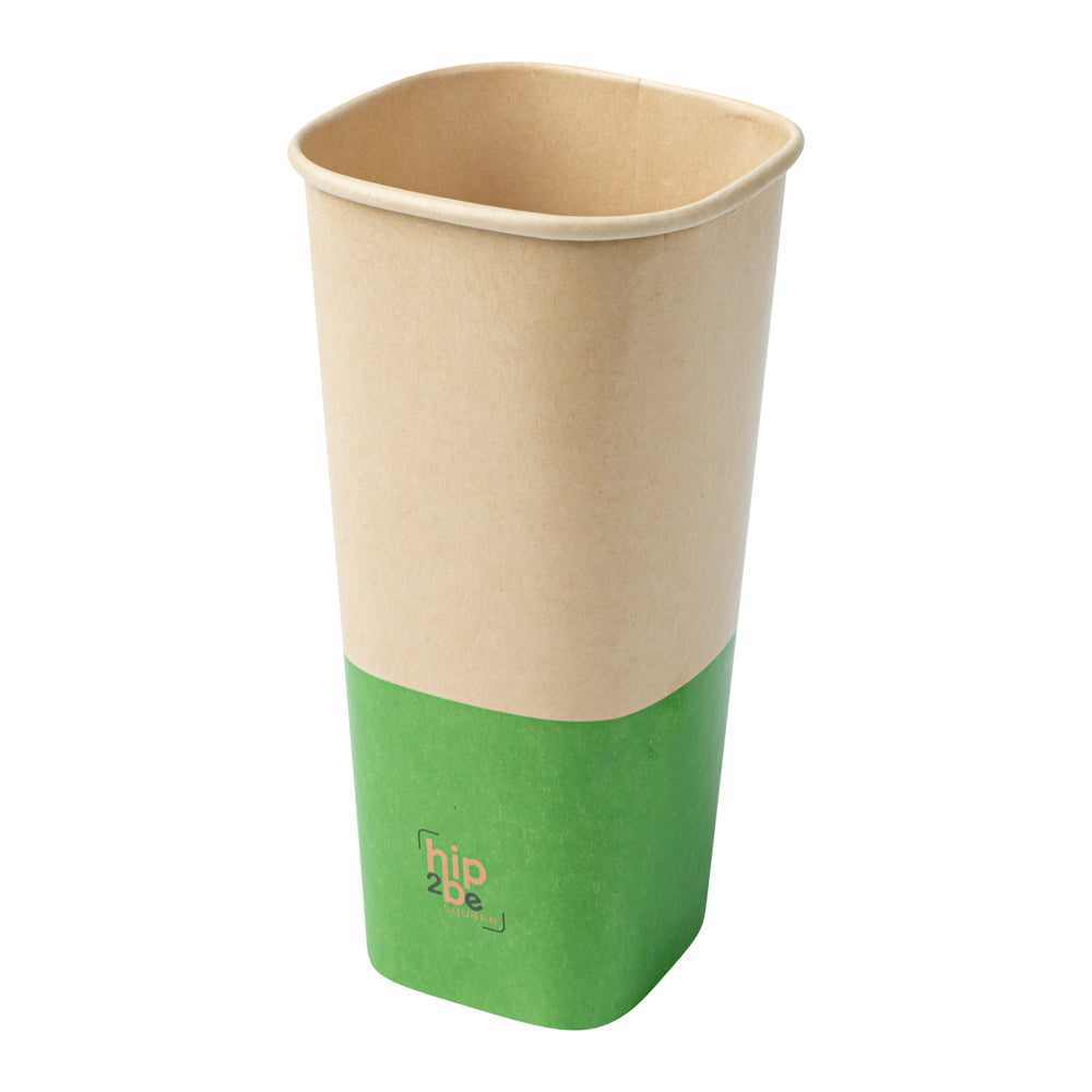 Hip 2 Be Square 22 oz Kraft and Green Paper Hot / Cold Drinking Cup - Single Wall - 3 1/4" x 3 1/4" x 6 3/4" - 500 count box
