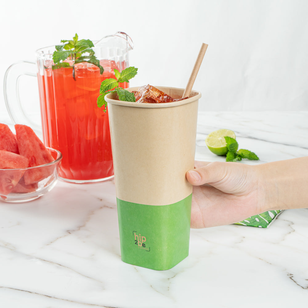 Hip 2 Be Square 22 oz Kraft and Green Paper Hot / Cold Drinking Cup - Single Wall - 3 1/4" x 3 1/4" x 6 3/4" - 500 count box