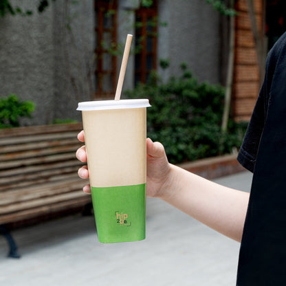 Hip 2 Be Square 22 oz Kraft and Green Paper Hot / Cold Drinking Cup - Single Wall - 3 1/4" x 3 1/4" x 6 3/4" - 500 count box