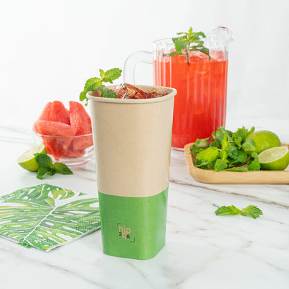 Hip 2 Be Square 22 oz Kraft and Green Paper Hot / Cold Drinking Cup - Single Wall - 3 1/4" x 3 1/4" x 6 3/4" - 500 count box