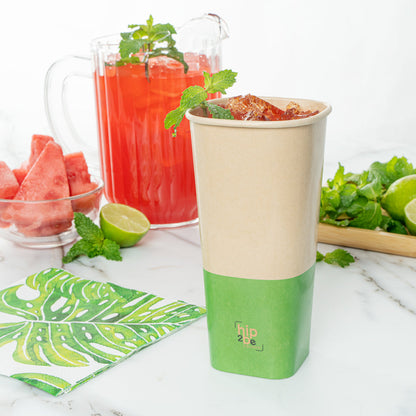 Hip 2 Be Square 22 oz Kraft and Green Paper Hot / Cold Drinking Cup - Single Wall - 3 1/4" x 3 1/4" x 6 3/4" - 500 count box