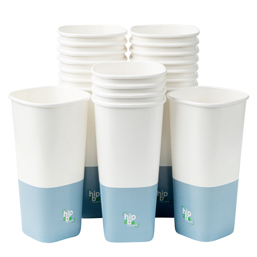 Hip 2 Be Square 22 oz White and Blue Paper Hot / Cold Drinking Cup - Single Wall - 3 1/4" x 3 1/4" x 6 3/4" - 25 count box