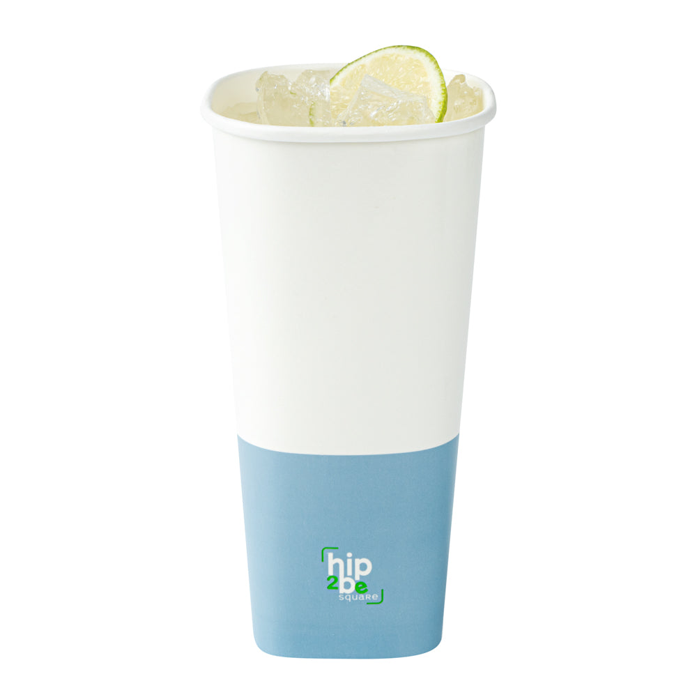 Hip 2 Be Square 22 oz White and Blue Paper Hot / Cold Drinking Cup - Single Wall - 3 1/4" x 3 1/4" x 6 3/4" - 25 count box