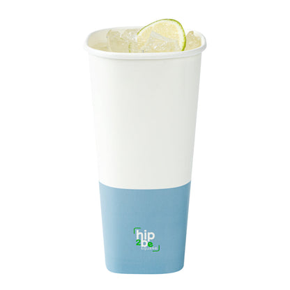Hip 2 Be Square 22 oz White and Blue Paper Hot / Cold Drinking Cup - Single Wall - 3 1/4" x 3 1/4" x 6 3/4" - 25 count box