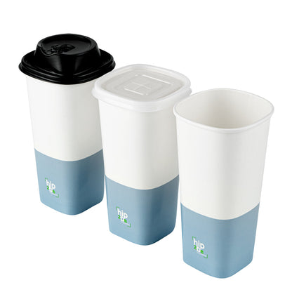 Hip 2 Be Square 22 oz White and Blue Paper Hot / Cold Drinking Cup - Single Wall - 3 1/4" x 3 1/4" x 6 3/4" - 25 count box