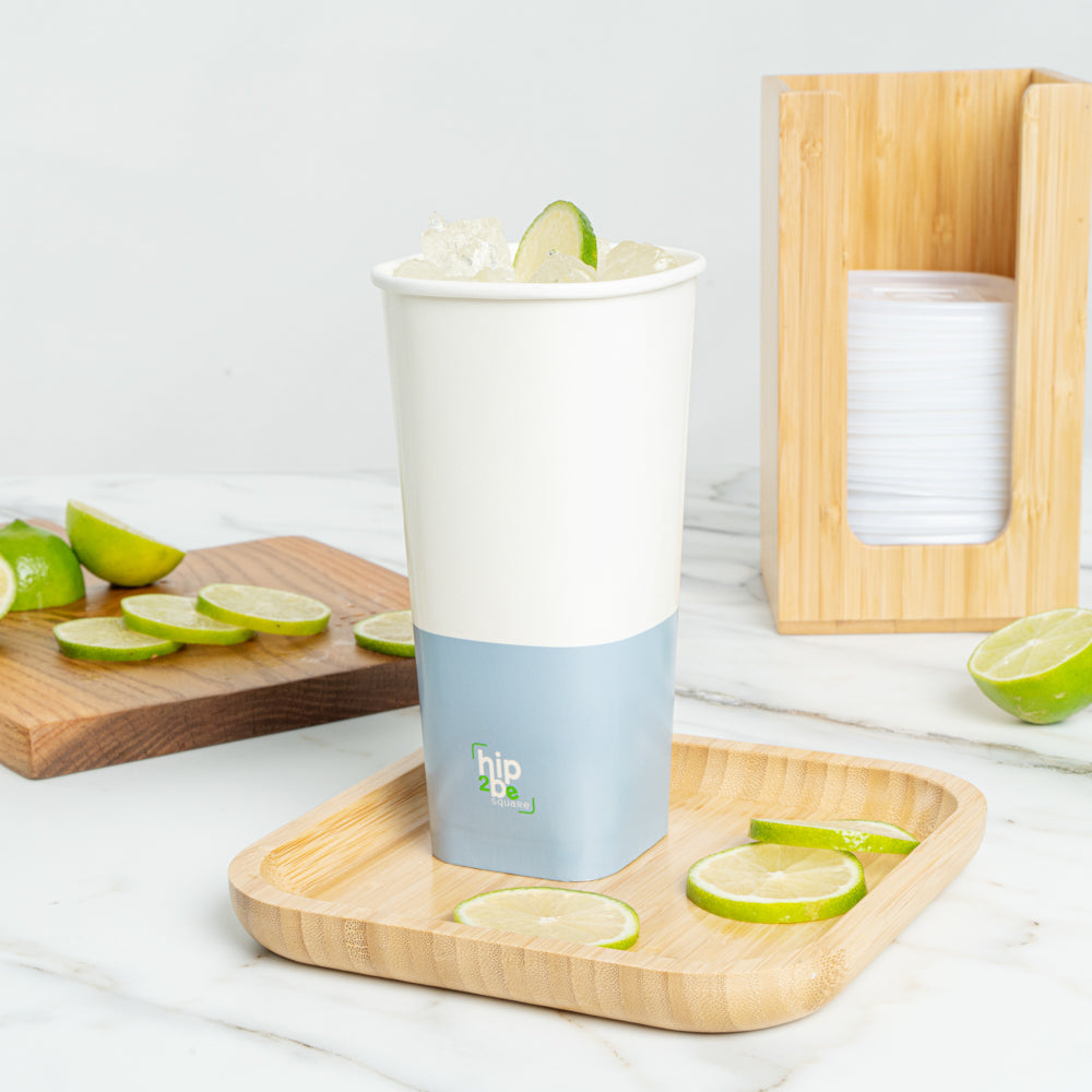 Hip 2 Be Square 22 oz White and Blue Paper Hot / Cold Drinking Cup - Single Wall - 3 1/4" x 3 1/4" x 6 3/4" - 25 count box