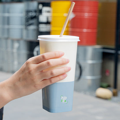 Hip 2 Be Square 22 oz White and Blue Paper Hot / Cold Drinking Cup - Single Wall - 3 1/4" x 3 1/4" x 6 3/4" - 25 count box