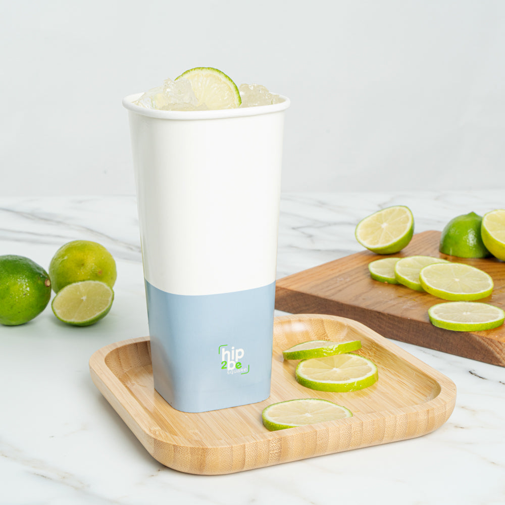 Hip 2 Be Square 22 oz White and Blue Paper Hot / Cold Drinking Cup - Single Wall - 3 1/4" x 3 1/4" x 6 3/4" - 500 count box