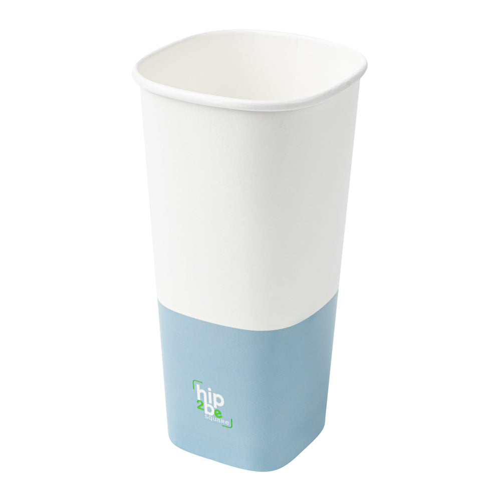 Hip 2 Be Square 22 oz White and Blue Paper Hot / Cold Drinking Cup - Single Wall - 3 1/4" x 3 1/4" x 6 3/4" - 500 count box