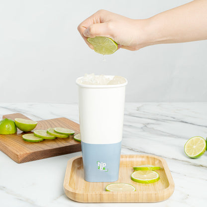 Hip 2 Be Square 22 oz White and Blue Paper Hot / Cold Drinking Cup - Single Wall - 3 1/4" x 3 1/4" x 6 3/4" - 500 count box