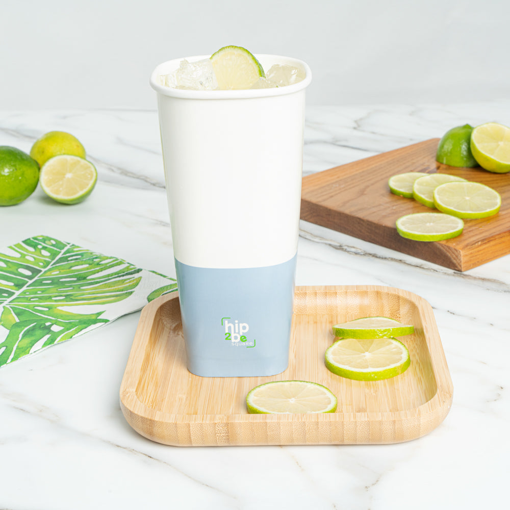 Hip 2 Be Square 22 oz White and Blue Paper Hot / Cold Drinking Cup - Single Wall - 3 1/4" x 3 1/4" x 6 3/4" - 500 count box
