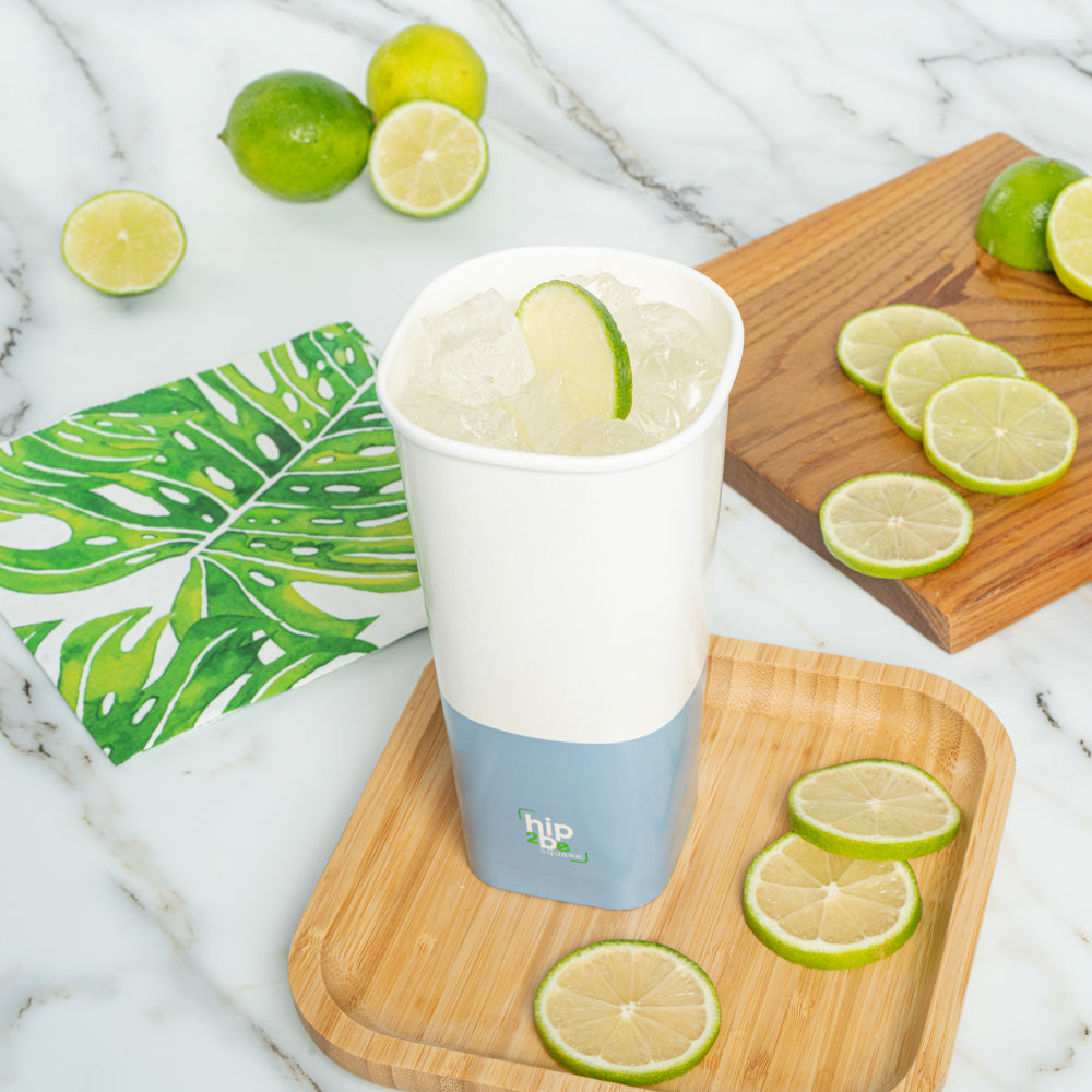 Hip 2 Be Square 22 oz White and Blue Paper Hot / Cold Drinking Cup - Single Wall - 3 1/4" x 3 1/4" x 6 3/4" - 500 count box