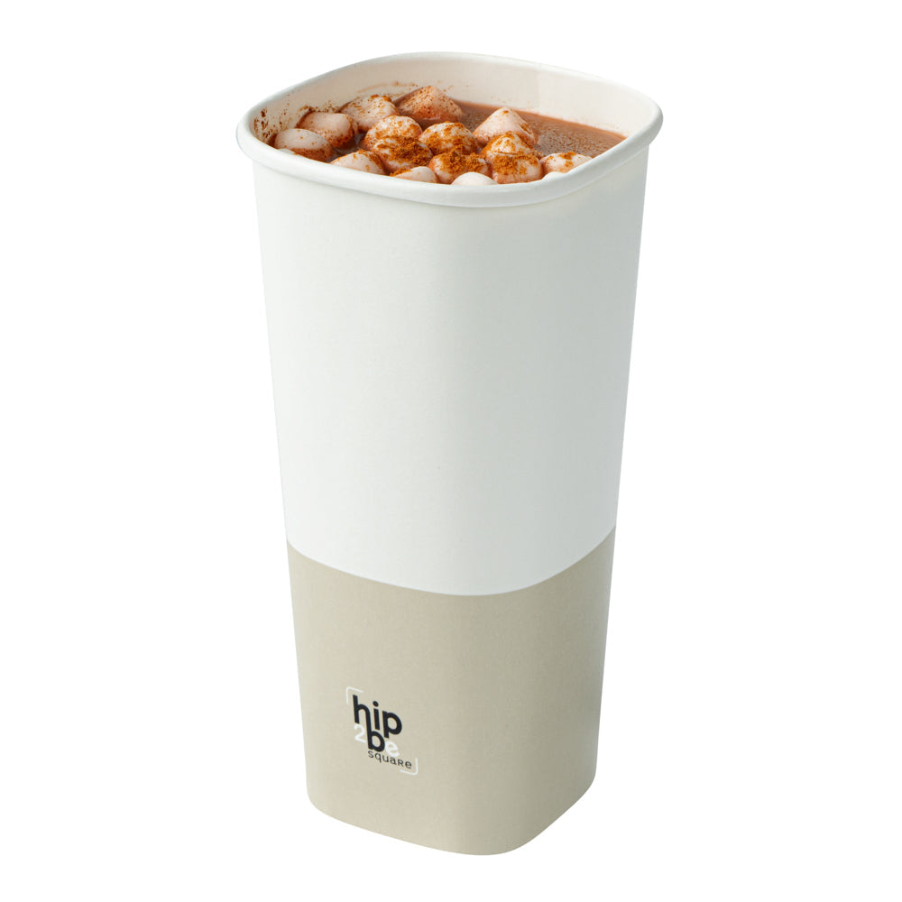 Hip 2 Be Square 22 oz White and Taupe Paper Hot / Cold Drinking Cup - Single Wall - 3 1/4" x 3 1/4" x 6 3/4" - 25 count box