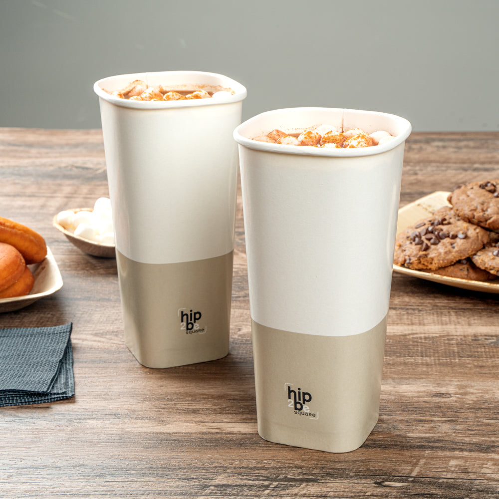 Hip 2 Be Square 22 oz White and Taupe Paper Hot / Cold Drinking Cup - Single Wall - 3 1/4" x 3 1/4" x 6 3/4" - 25 count box