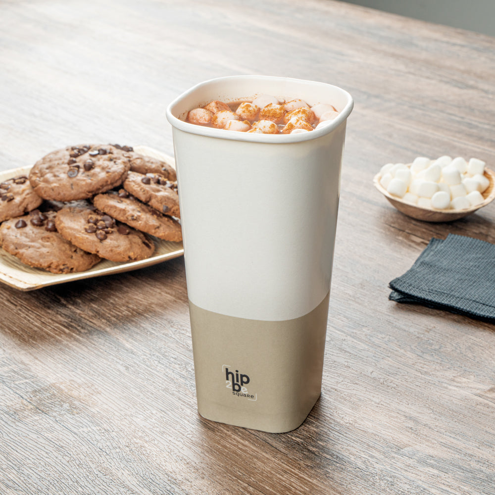 Hip 2 Be Square 22 oz White and Taupe Paper Hot / Cold Drinking Cup - Single Wall - 3 1/4" x 3 1/4" x 6 3/4" - 25 count box