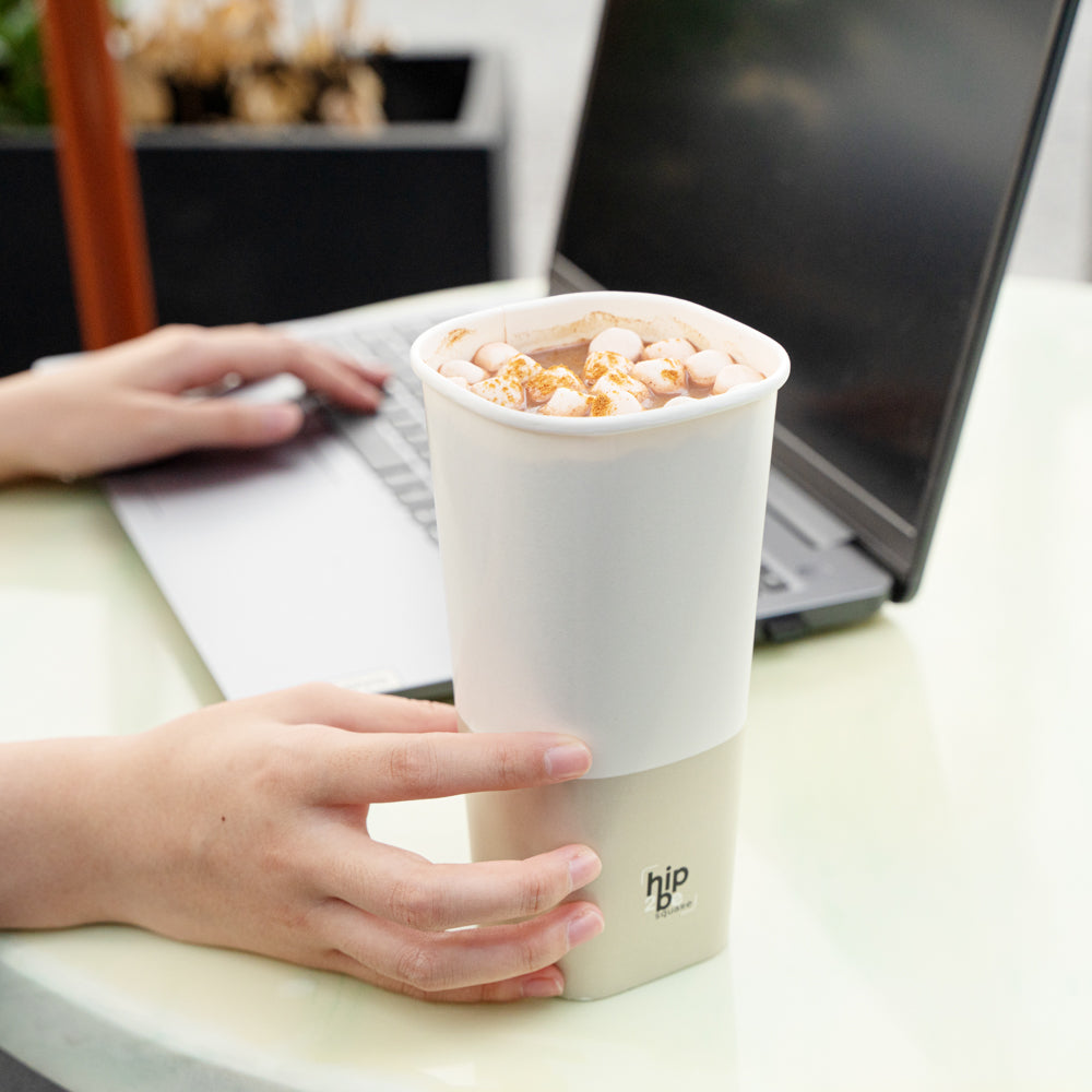 Hip 2 Be Square 22 oz White and Taupe Paper Hot / Cold Drinking Cup - Single Wall - 3 1/4" x 3 1/4" x 6 3/4" - 25 count box
