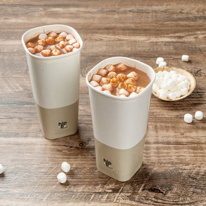 Hip 2 Be Square 22 oz White and Taupe Paper Hot / Cold Drinking Cup - Single Wall - 3 1/4" x 3 1/4" x 6 3/4" - 25 count box