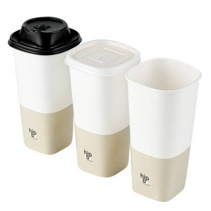 Hip 2 Be Square 22 oz White and Taupe Paper Hot / Cold Drinking Cup - Single Wall - 3 1/4" x 3 1/4" x 6 3/4" - 500 count box