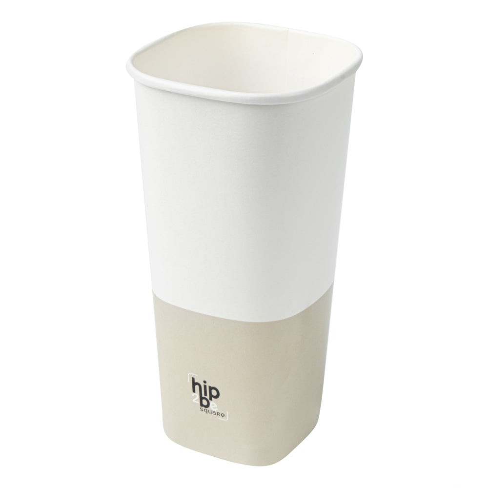 Hip 2 Be Square 22 oz White and Taupe Paper Hot / Cold Drinking Cup - Single Wall - 3 1/4" x 3 1/4" x 6 3/4" - 500 count box