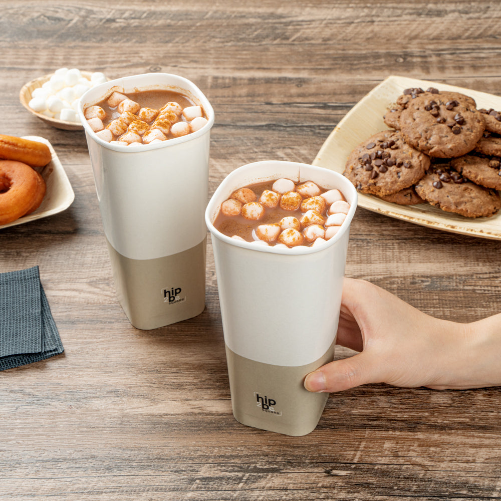 Hip 2 Be Square 22 oz White and Taupe Paper Hot / Cold Drinking Cup - Single Wall - 3 1/4" x 3 1/4" x 6 3/4" - 500 count box