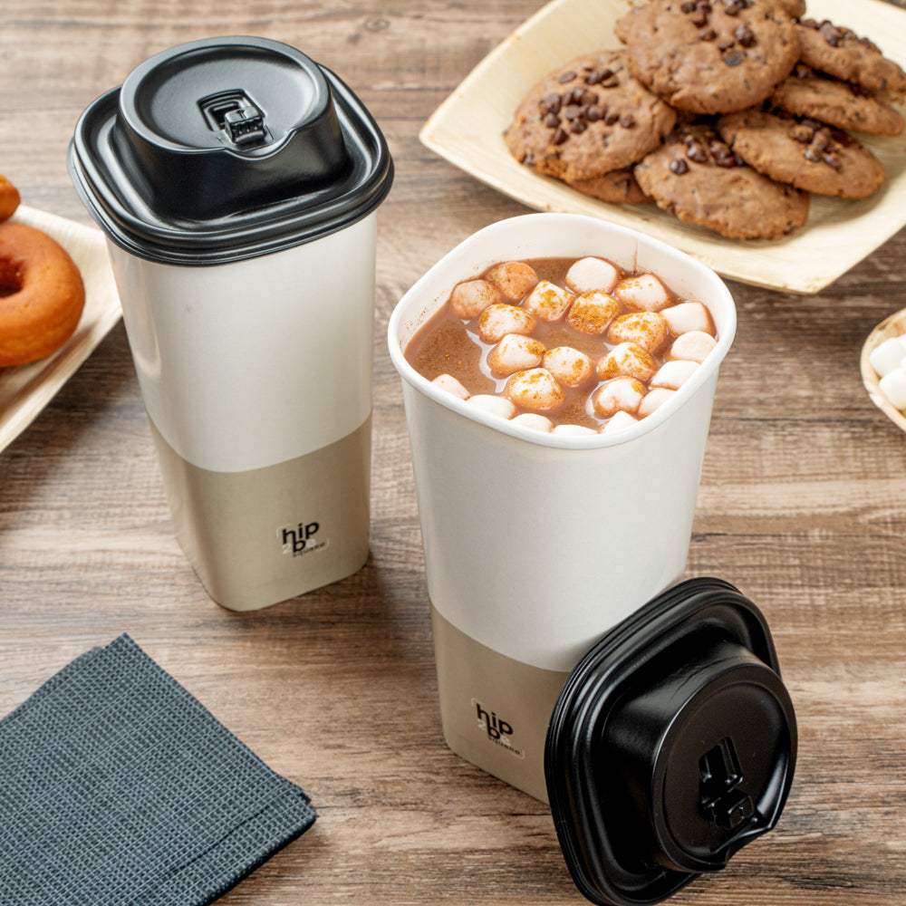 Hip 2 Be Square 22 oz White and Taupe Paper Hot / Cold Drinking Cup - Single Wall - 3 1/4" x 3 1/4" x 6 3/4" - 500 count box