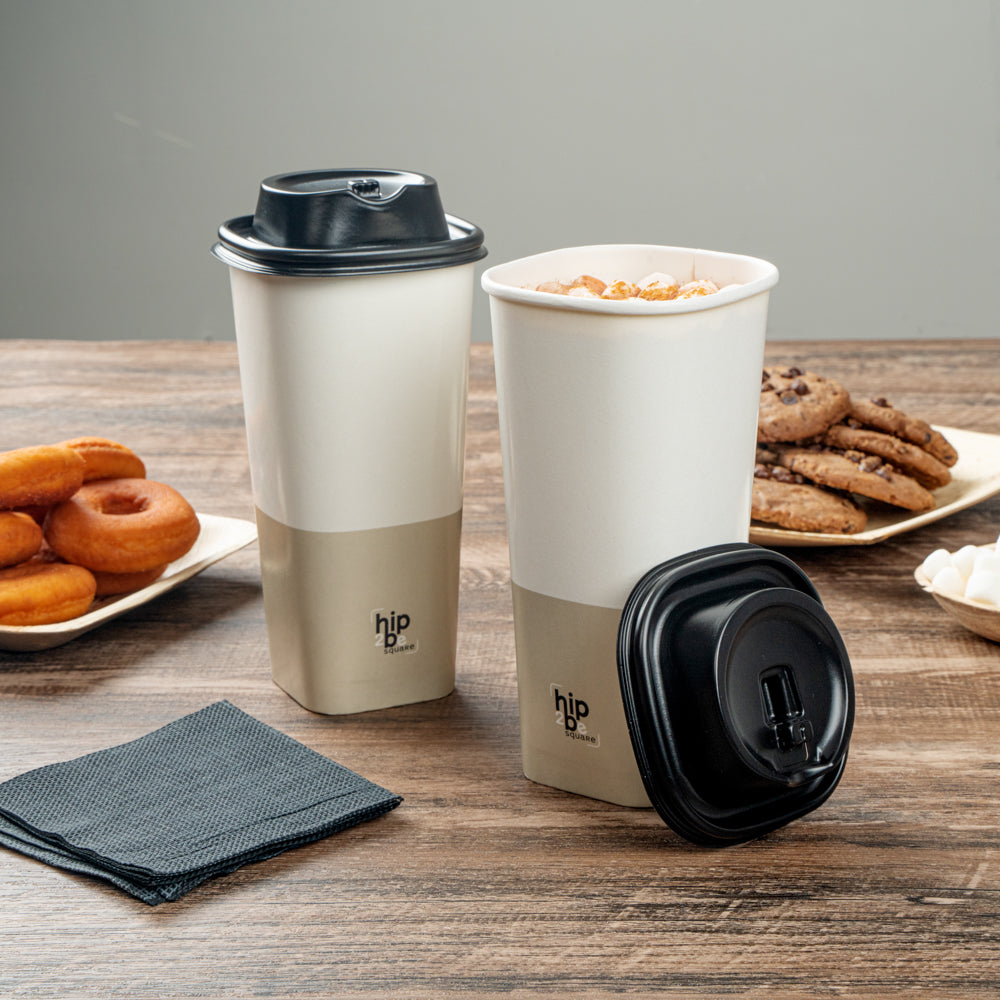 Hip 2 Be Square 22 oz White and Taupe Paper Hot / Cold Drinking Cup - Single Wall - 3 1/4" x 3 1/4" x 6 3/4" - 500 count box