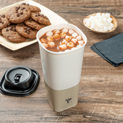 Hip 2 Be Square 22 oz White and Taupe Paper Hot / Cold Drinking Cup - Single Wall - 3 1/4" x 3 1/4" x 6 3/4" - 500 count box