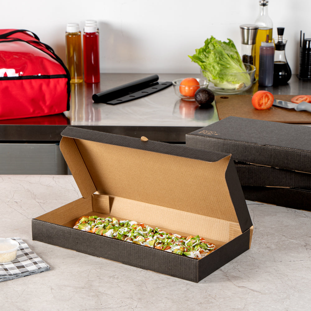 Eco Pie Kraft and Black Paper Corrugated Flatbread Box - 14" x 7" x 1 1/2" - 50 count box