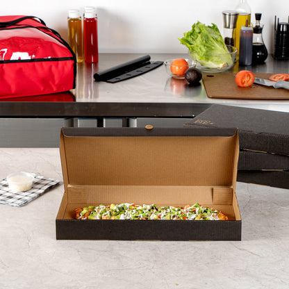 Eco Pie Kraft and Black Paper Corrugated Flatbread Box - 14" x 7" x 1 1/2" - 50 count box