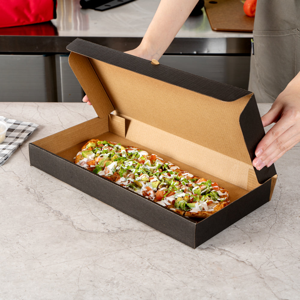 Eco Pie Kraft and Black Paper Corrugated Flatbread Box - 14" x 7" x 1 1/2" - 50 count box