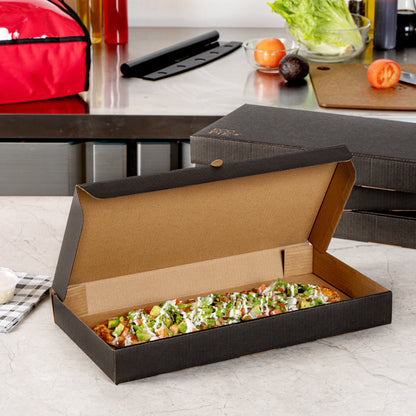 Eco Pie Kraft and Black Paper Corrugated Flatbread Box - 14" x 7" x 1 1/2" - 50 count box