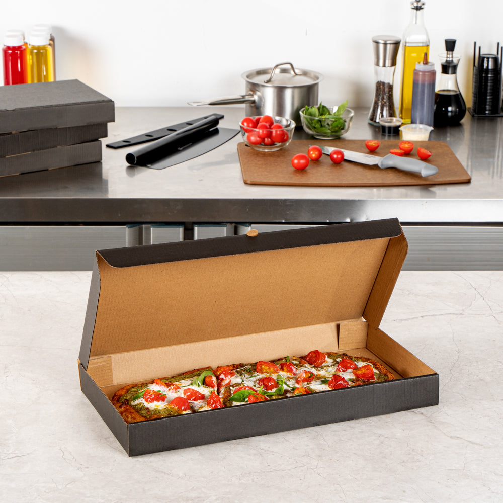 Eco Pie Kraft and Black Paper Corrugated Flatbread Box - 16" x 8" x 1 1/2" - 50 count box