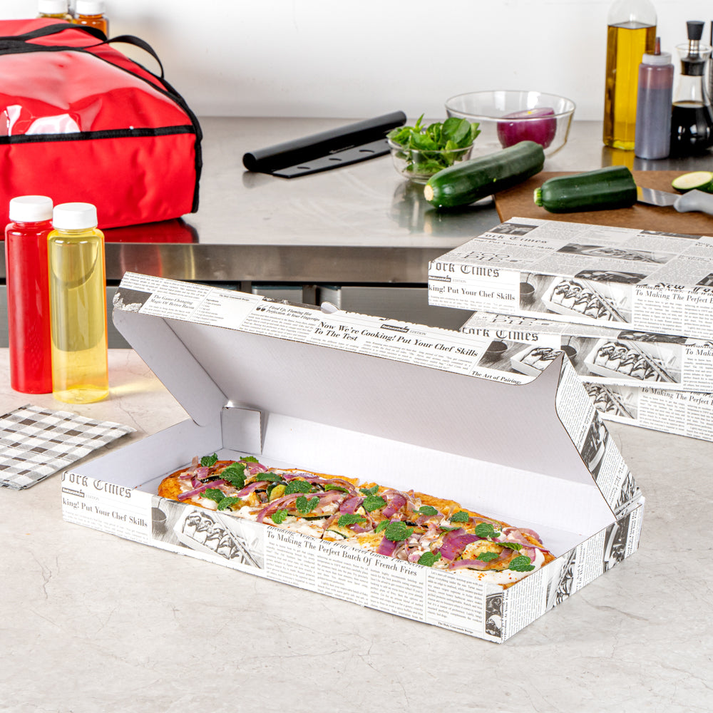 Eco Pie Newsprint and White Paper Corrugated Flatbread Box - 16" x 8" x 1 1/2" - 50 count box