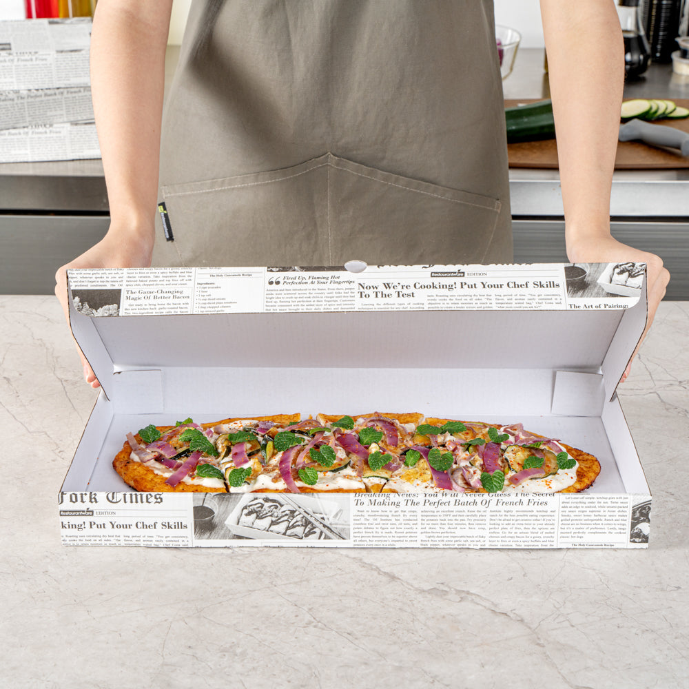 Eco Pie Newsprint and White Paper Corrugated Flatbread Box - 16" x 8" x 1 1/2" - 50 count box