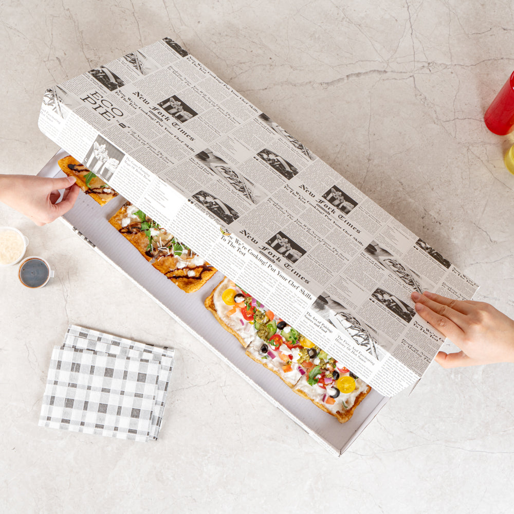 Eco Pie Newsprint and White Paper Corrugated Flatbread Box - 24" x 8" x 2" - 50 count box