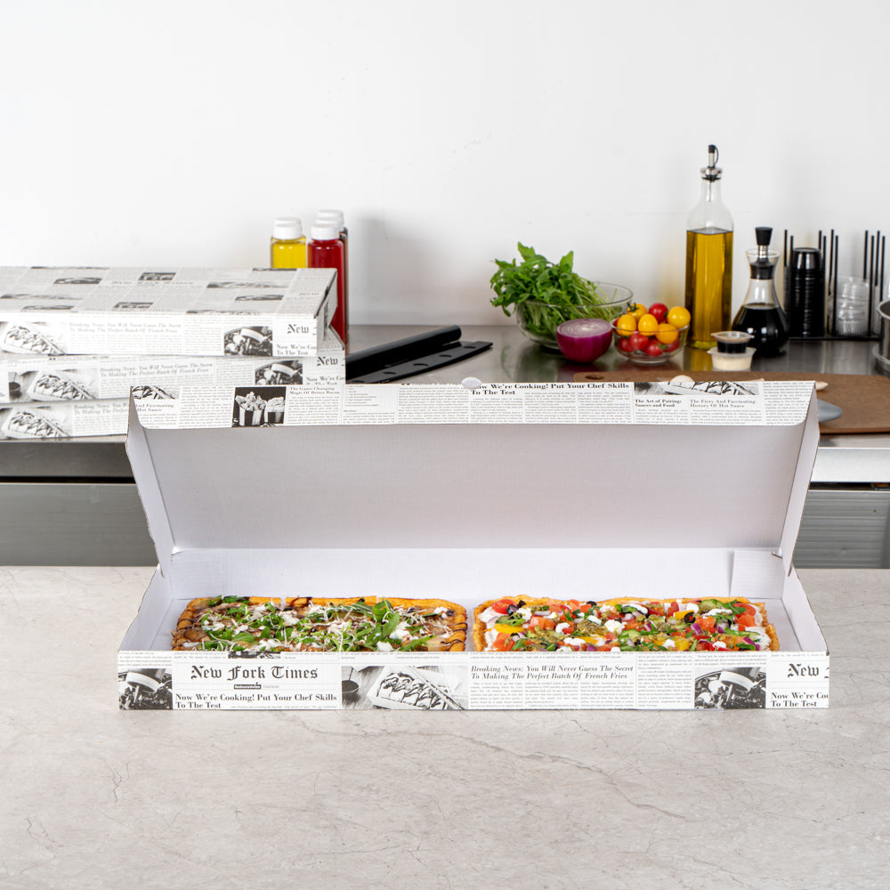 Eco Pie Newsprint and White Paper Corrugated Flatbread Box - 24" x 8" x 2" - 50 count box